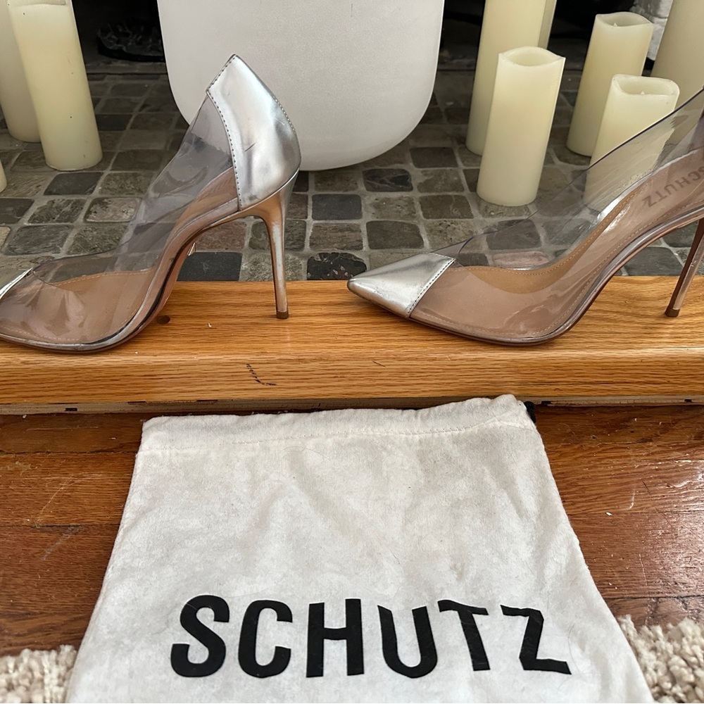 Schutz silver point heels. 9.5. Barely used with bag.
